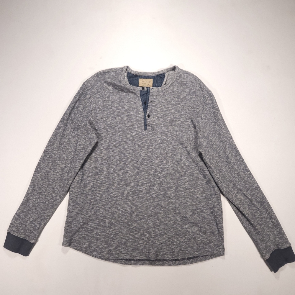 Lucky Brand Mens Henley Shirt Original California Long Sleeve Grey/Navy Blue XL
